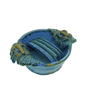 Handmade Blue Round Shaped Pottery Ashtray Trinket Dish Decorated With Frogs
